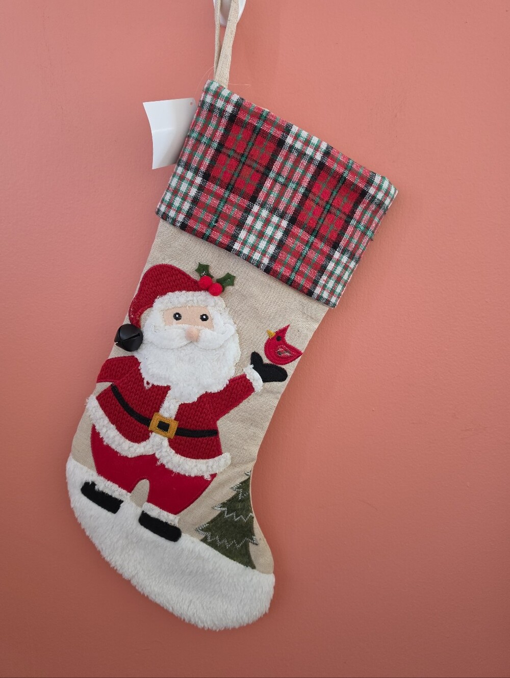 NWT Santa Claus With Cardinal Plaid Christmas Stocking 17.5" X 9.5" Embroidered